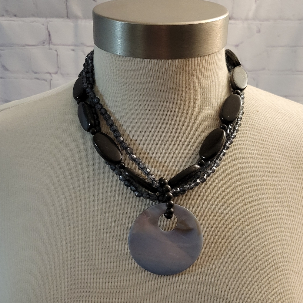 Layered Beaded Statement Necklace Mother Of Pearl Pendant